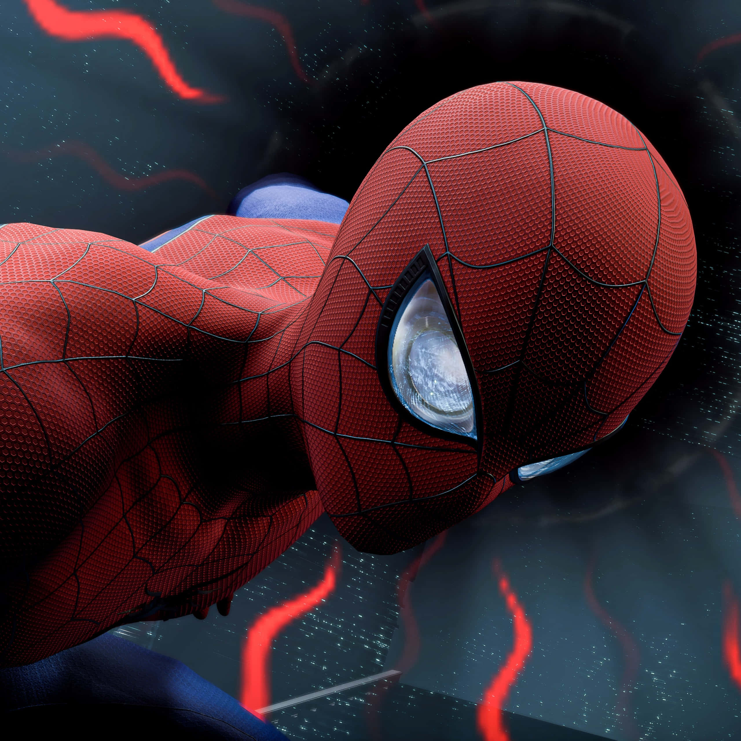 Spider-man Spider Sense 桌布 壁紙 — 蜘蛛俠身穿紅藍戰衣，雙眼發光，背景是黑暗天空與紅色能量痕跡。
