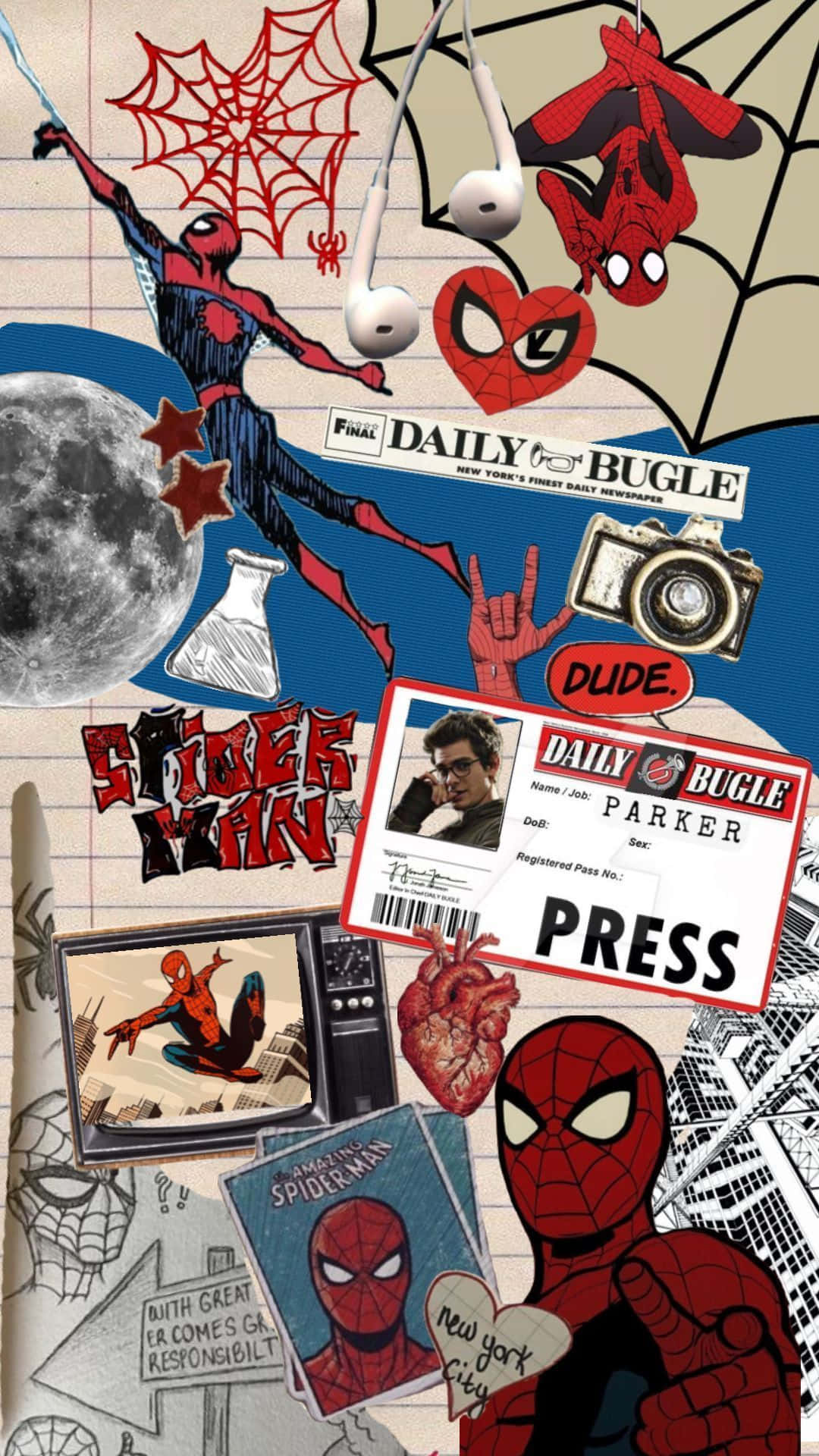 Daily Bugle 桌布 壁紙 — 一幅充滿活力的蜘蛛俠紀念品拼貼畫，包括漫畫、記者證、月亮和蜘蛛網圖案，畫在橫線紙上。