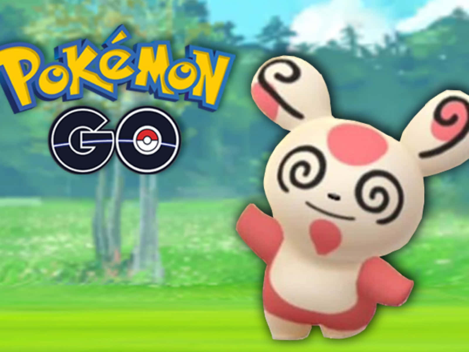 Spinda與寶可夢Go標誌 壁紙 — 一個歡樂的卡通風格 Pokémon Go 標誌，有一個可愛的粉紅色和白色漩渦圖案的小精靈站在明亮的綠色草地上。