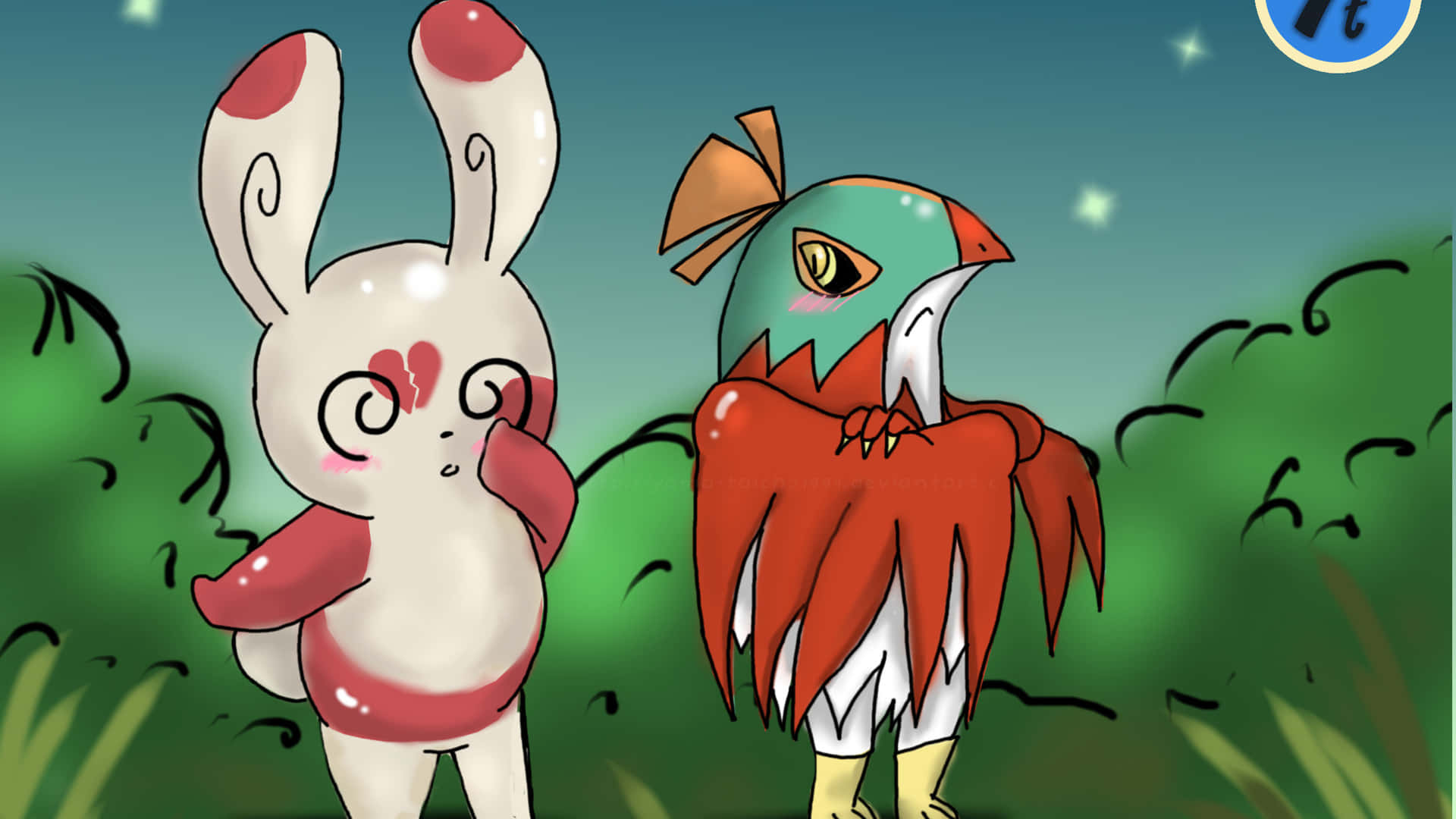 Spinda與Hawlucha 壁紙 — 兩隻可愛的動漫風格寶可夢站在星空下的草地上，一隻害羞地臉紅，另一隻溫柔地看著。