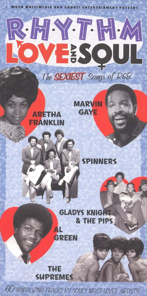 Spinners《節奏、愛與靈魂》專輯海報 壁紙 — 復古R&B音樂海報， featuring Aretha Franklin、Marvin Gaye及其他靈魂樂藝術家，置於心形框架內，背景為藍色紋理。