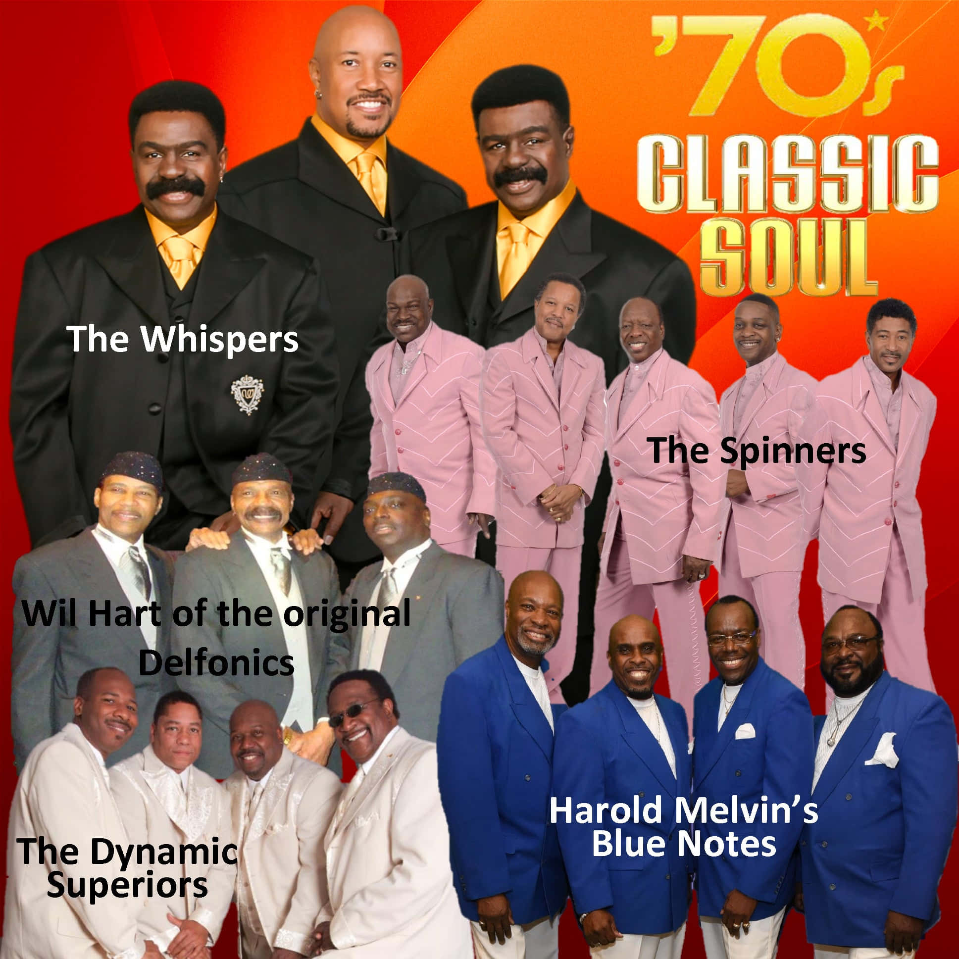 Spinners 與經典藝人 壁紙 — 70年代復古靈魂樂團穿著大膽西裝，在火橙色背景上擺姿勢，配以金色文字。