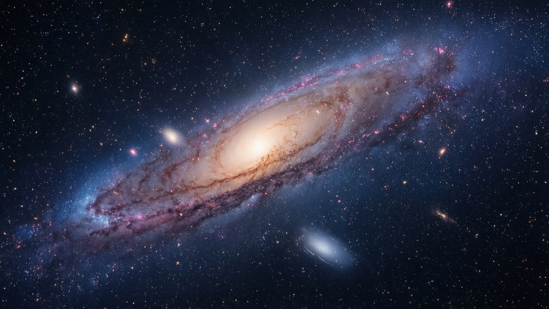 一個螺旋星系，帶有藍色、粉紅色和金色塵埃在星場中旋轉