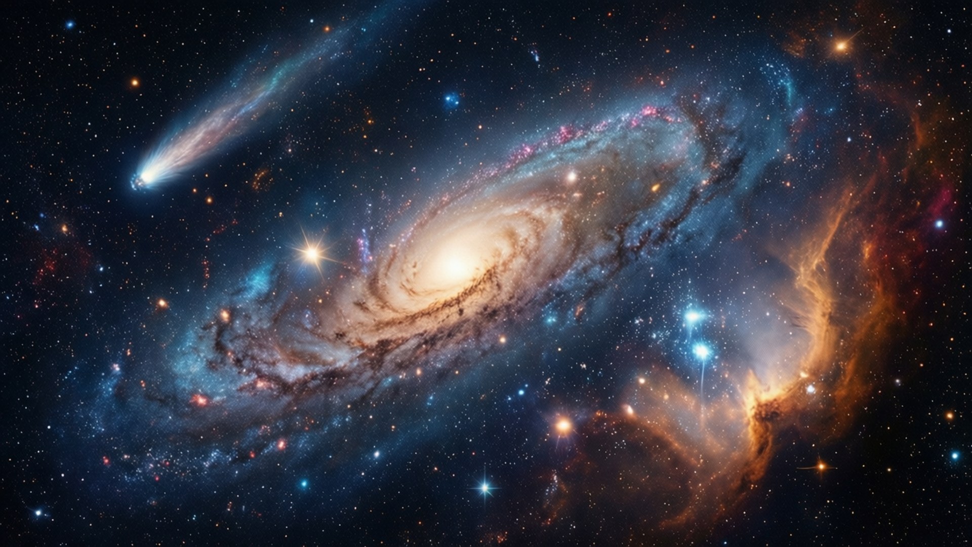 一個帶有藍色和橙色星雲的螺旋星系，以及一顆彗星劃過星場。