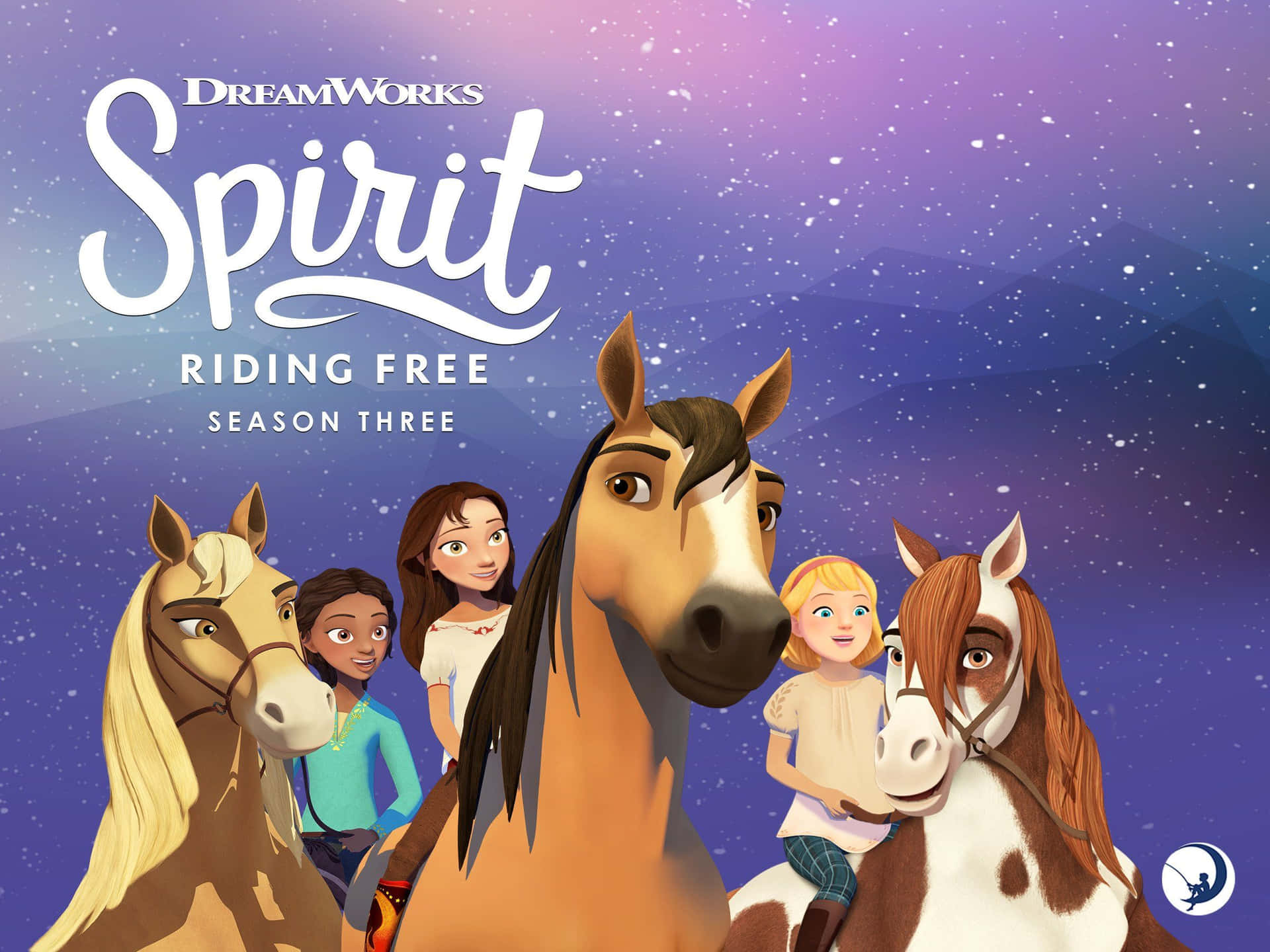 來自 Spirit Riding Free 第三季的繁星點點紫色天空下的女孩和馬匹。