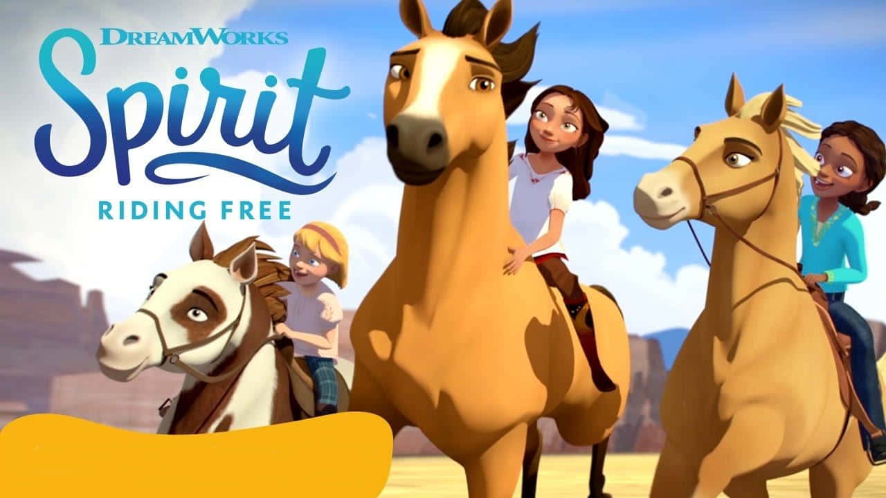 三個孩子在沙漠峽谷中騎馬，帶有DreamWorks Spirit標誌。
