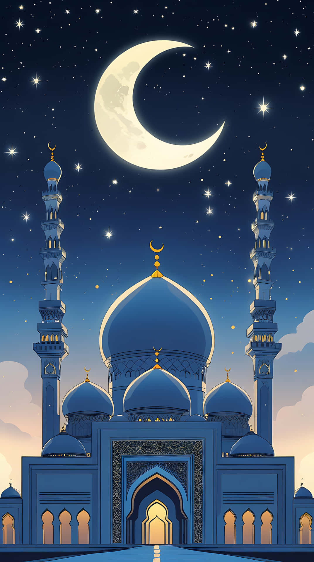 Spiritual Serenity: Mosque Under the Crescent Moon. smartphone wallpaper 壁紙 — 一座雄偉的藍色清真寺帶有金色點綴，矗立在繁星點點的夜空下，伴隨著閃耀的彎月。