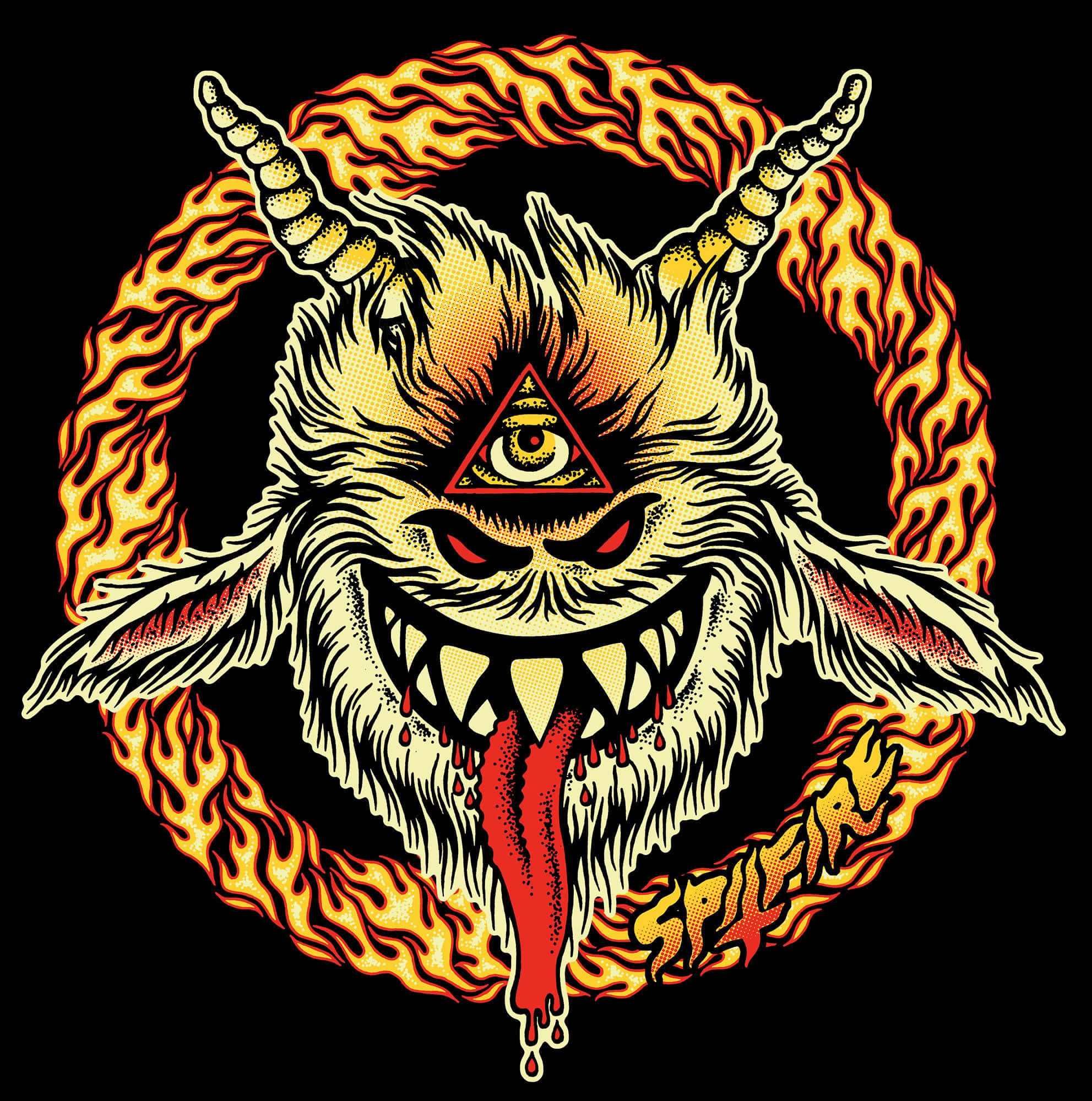 Spitfire Skate 魔鬼 壁紙 — 一個帶有第三隻眼和滴舌的威脅性有角惡魔，被火焰包圍在黑色背景上。