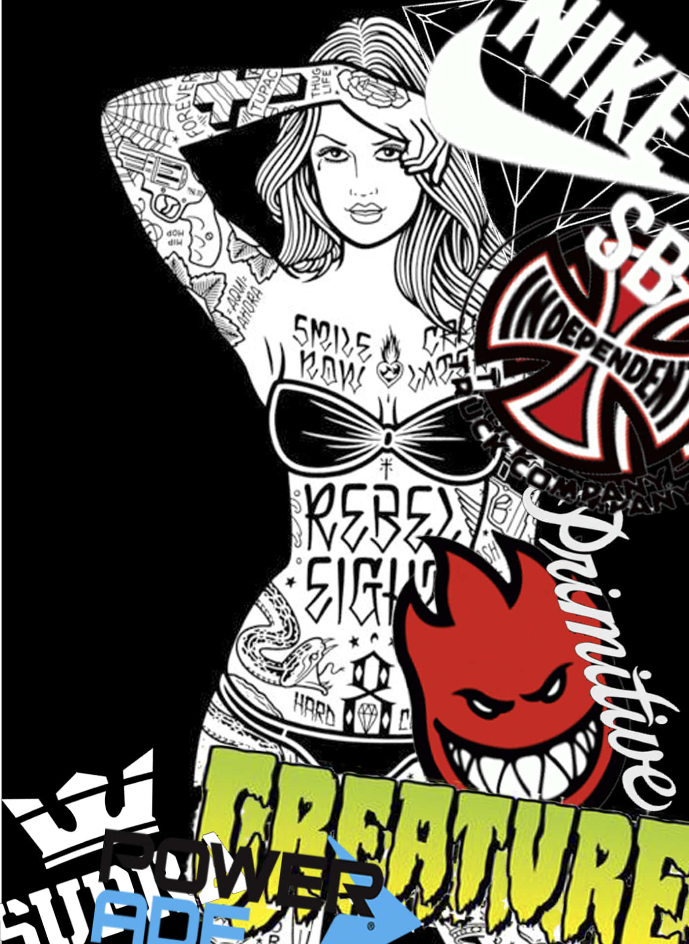 紋身女性被滑板品牌標誌和魔鬼吉祥物包圍。