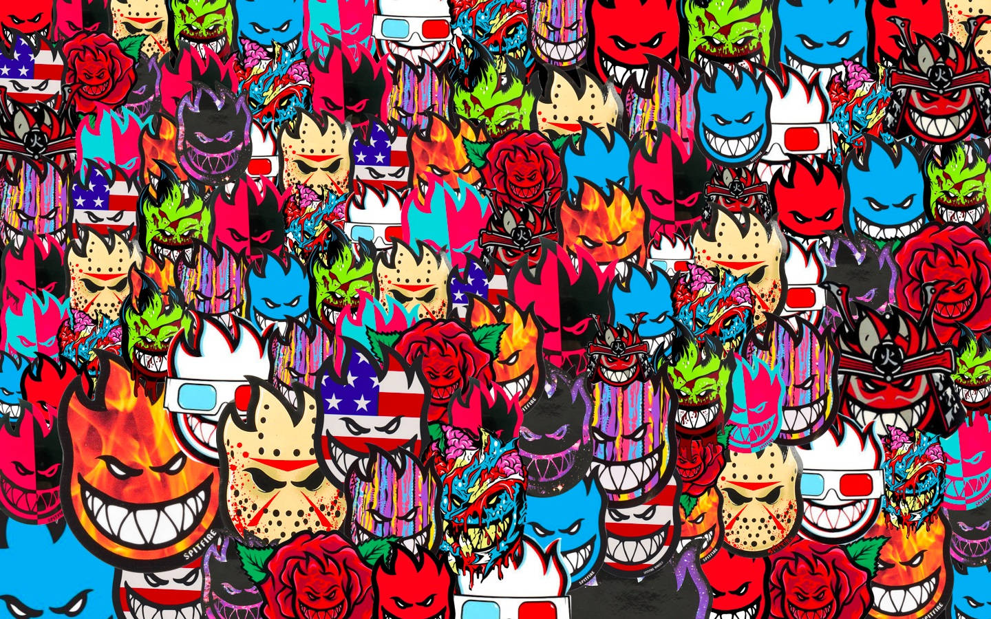 牆紙上重複出現卡通惡魔面孔、玫瑰和美國國旗，色彩鮮豔。
