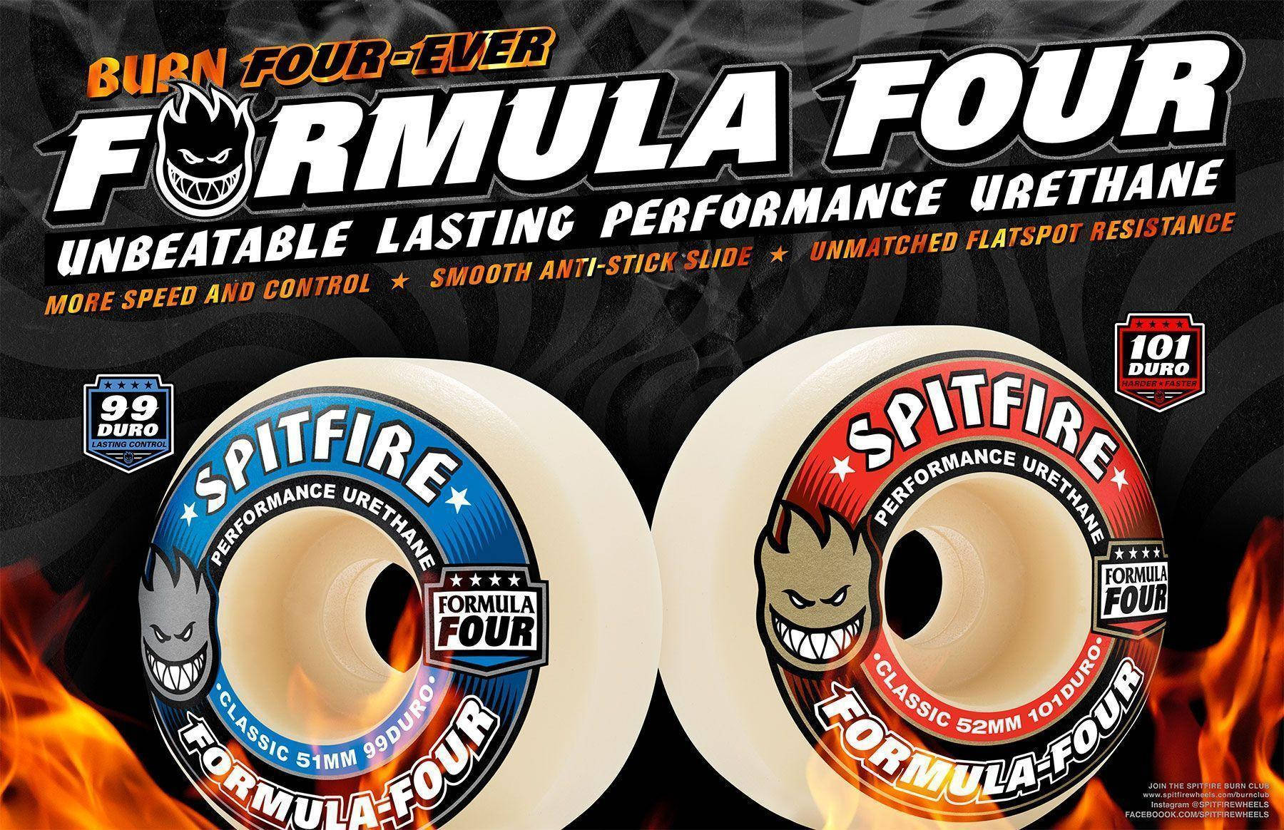 Spitfire Formula Four滑板輪，帶有火焰設計和性能聲稱。