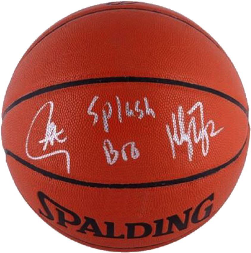 簽名籃球「Splash Bro」 壁紙 — 橙色 Spalding 籃球的特寫，其紋理表面上有白色簽名和「Splash Bro」文字。