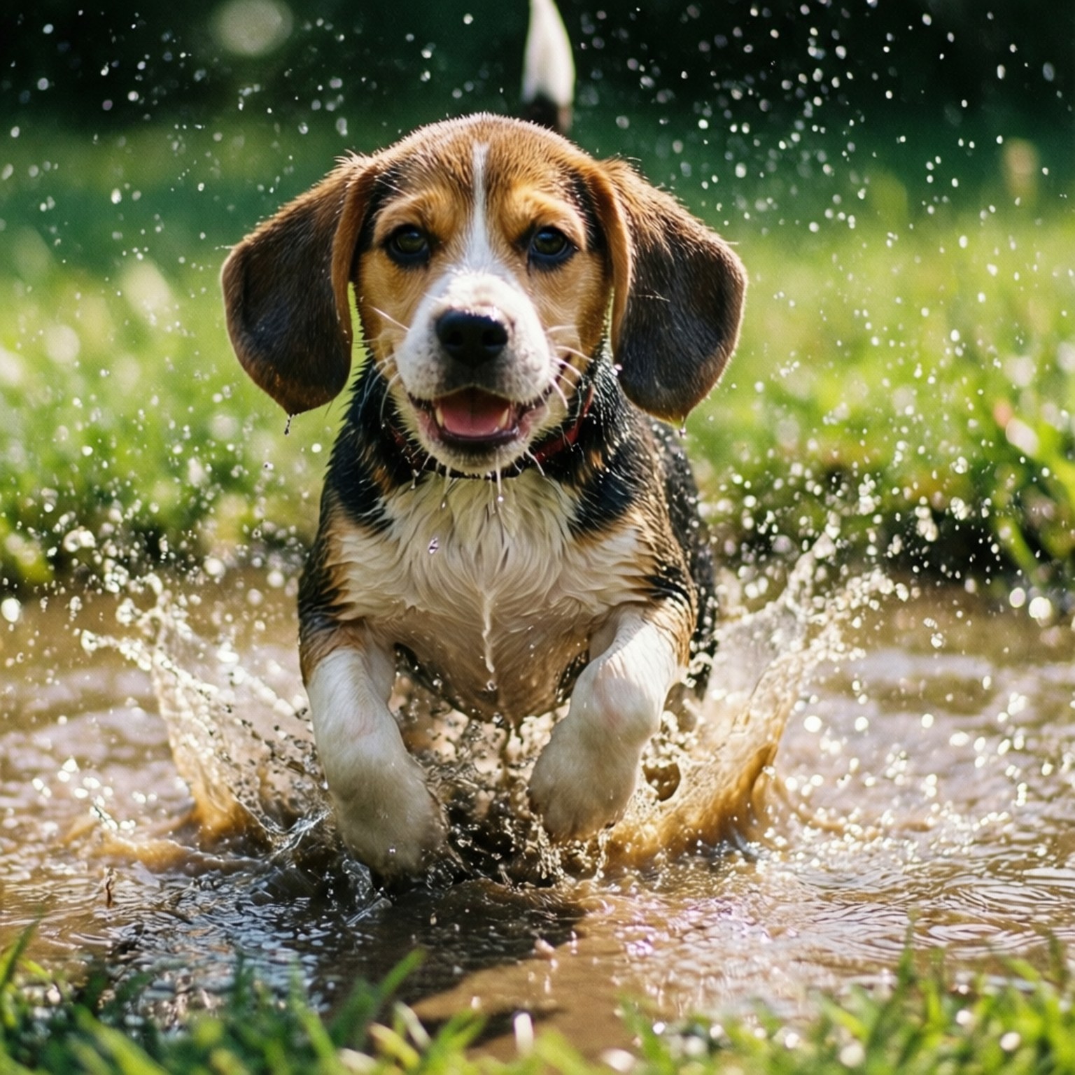 比格犬幼犬在草地上泥水中嬉戲