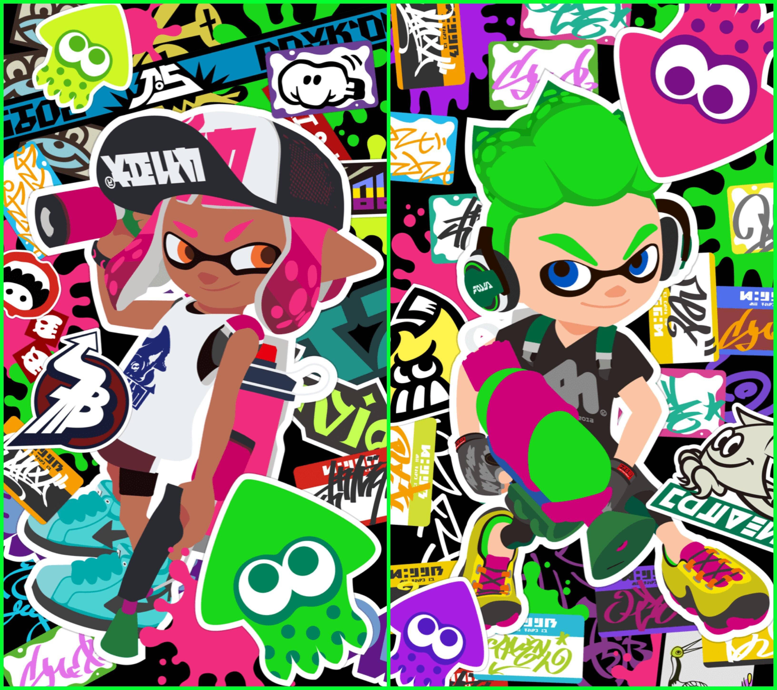 Splatnet2 粉綠墨魚人 壁紙 — 兩個充滿活力的Splatoon角色在一片混亂的彩色塗鴉和貼紙拼貼中脫穎而出。