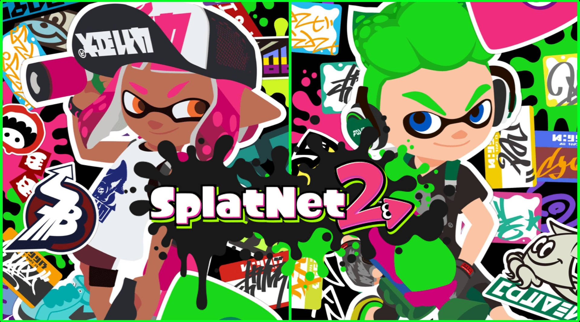 兩個Splatoon 2角色，帶有墨水和塗鴉背景。
