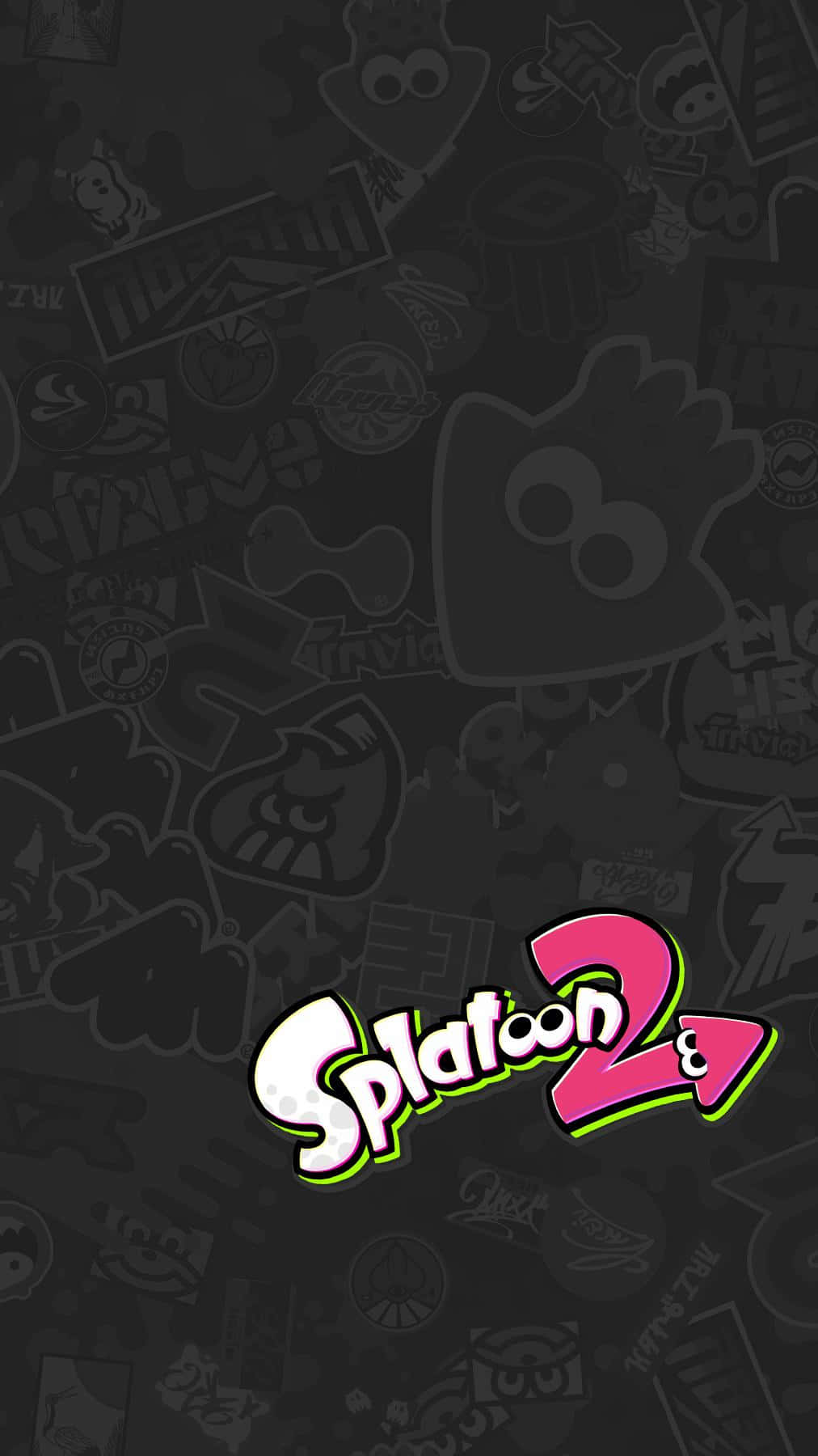 splatoon 桌布 壁紙 — Splatoon 2 標誌在佈滿褪色遊戲貼紙的深色背景上發出鮮豔的粉紅色和綠色光芒。