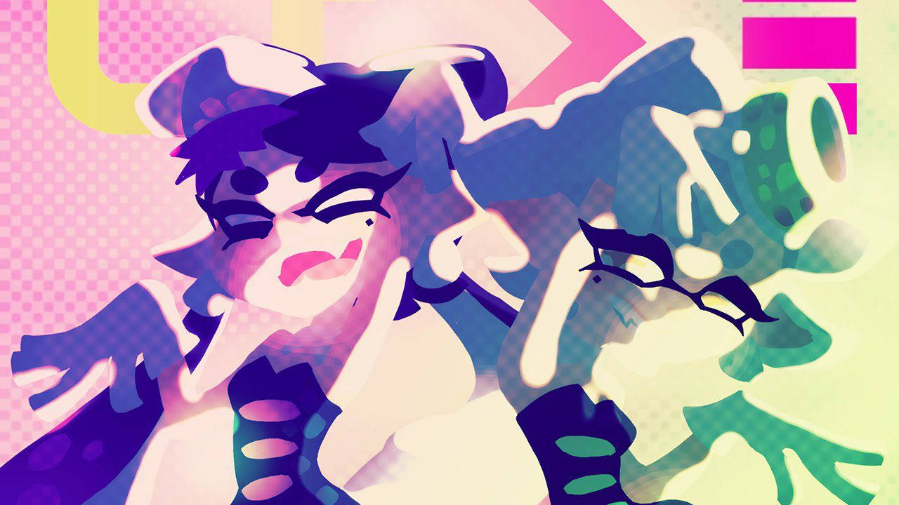 Splatoon 墨水姐妹海報 壁紙 — 兩個風格化的墨水角色，以鮮豔的紫色和青色動態地擺姿勢，背景是粉紅色格紋和醒目的幾何形狀。