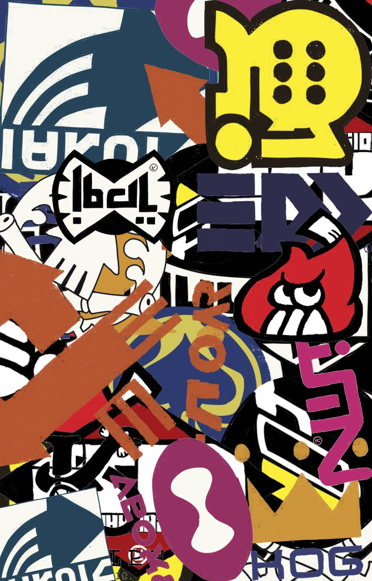 Splatoon 品牌標誌 壁紙 — 充滿活力的塗鴉風格拼貼畫，包含大膽的抽象形狀和扭曲的文字，層層疊加，混亂交錯。