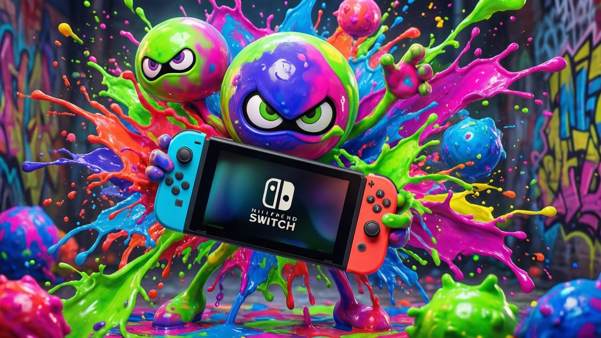 Nintendo Switch主機被色彩繽紛的墨水飛濺角色握持，背景為塗鴉。