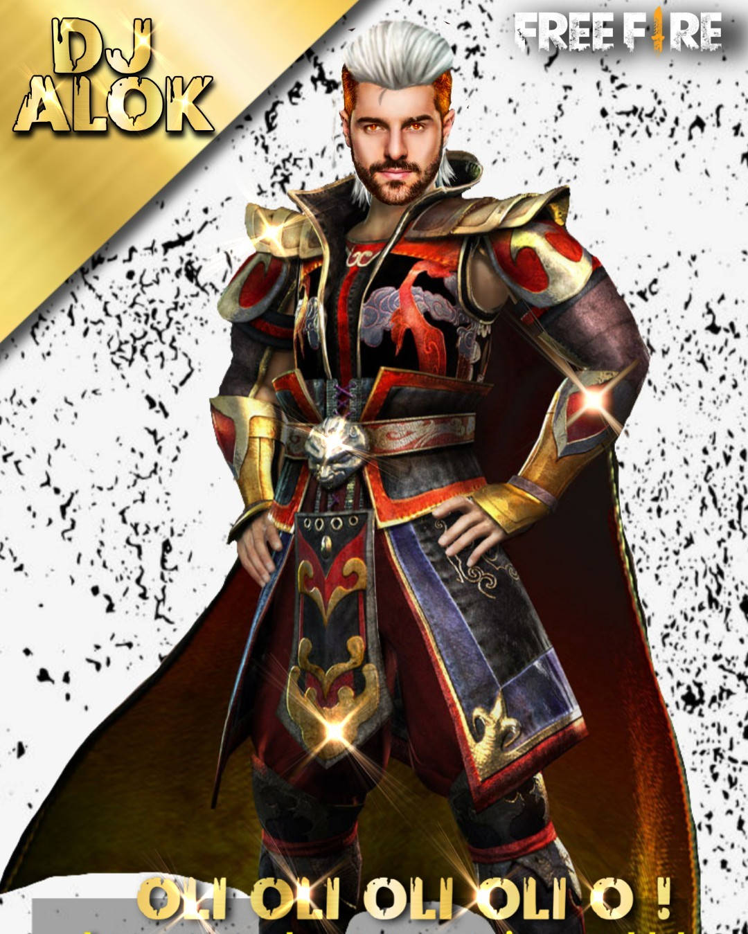 DJ Alok 身穿帶有發光細節和紅色披風的奇幻遊戲盔甲。