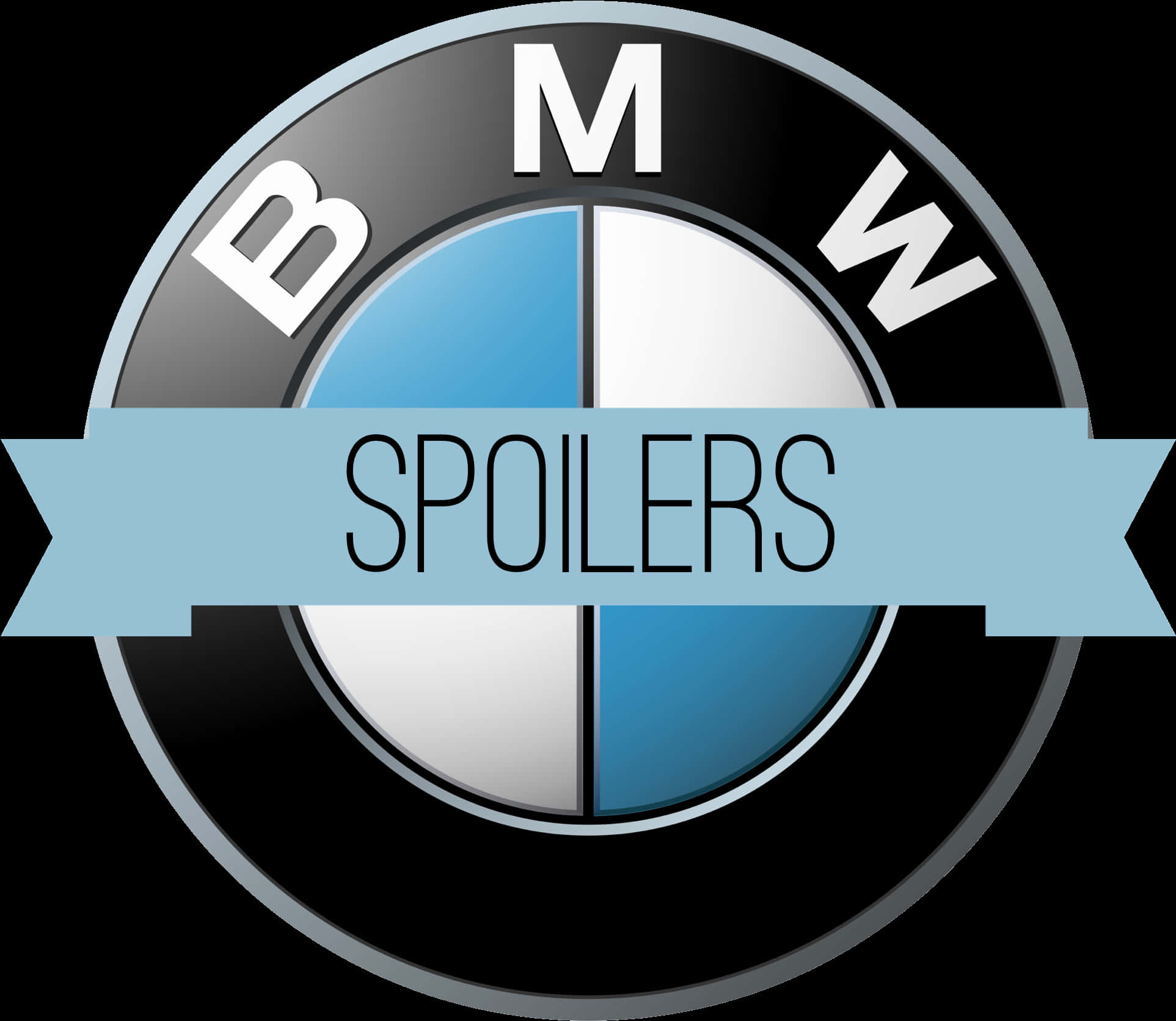 帶有「SPOILERS」橫幅的BMW標誌 壁紙 — BMW 標誌，中間有一條藍色橫幅，上面寫著 spoilers，背景為黑色。