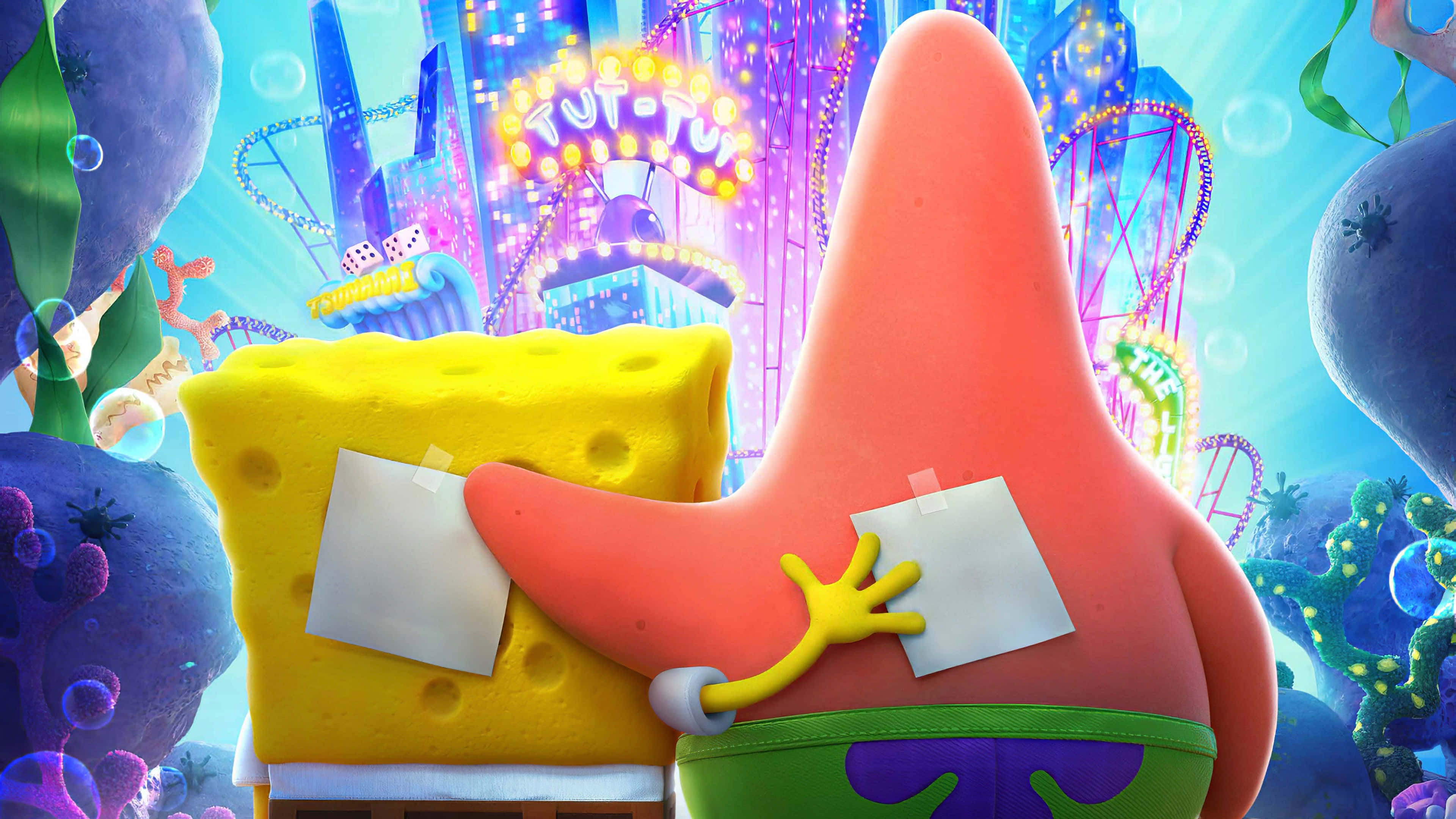 Spongebob Squarepants The Movie 桌布 壁紙 — 海綿寶寶和派大星在一個充滿活力的水下嘉年華中擁抱，周圍有發光的遊樂設施和色彩繽紛的珊瑚。