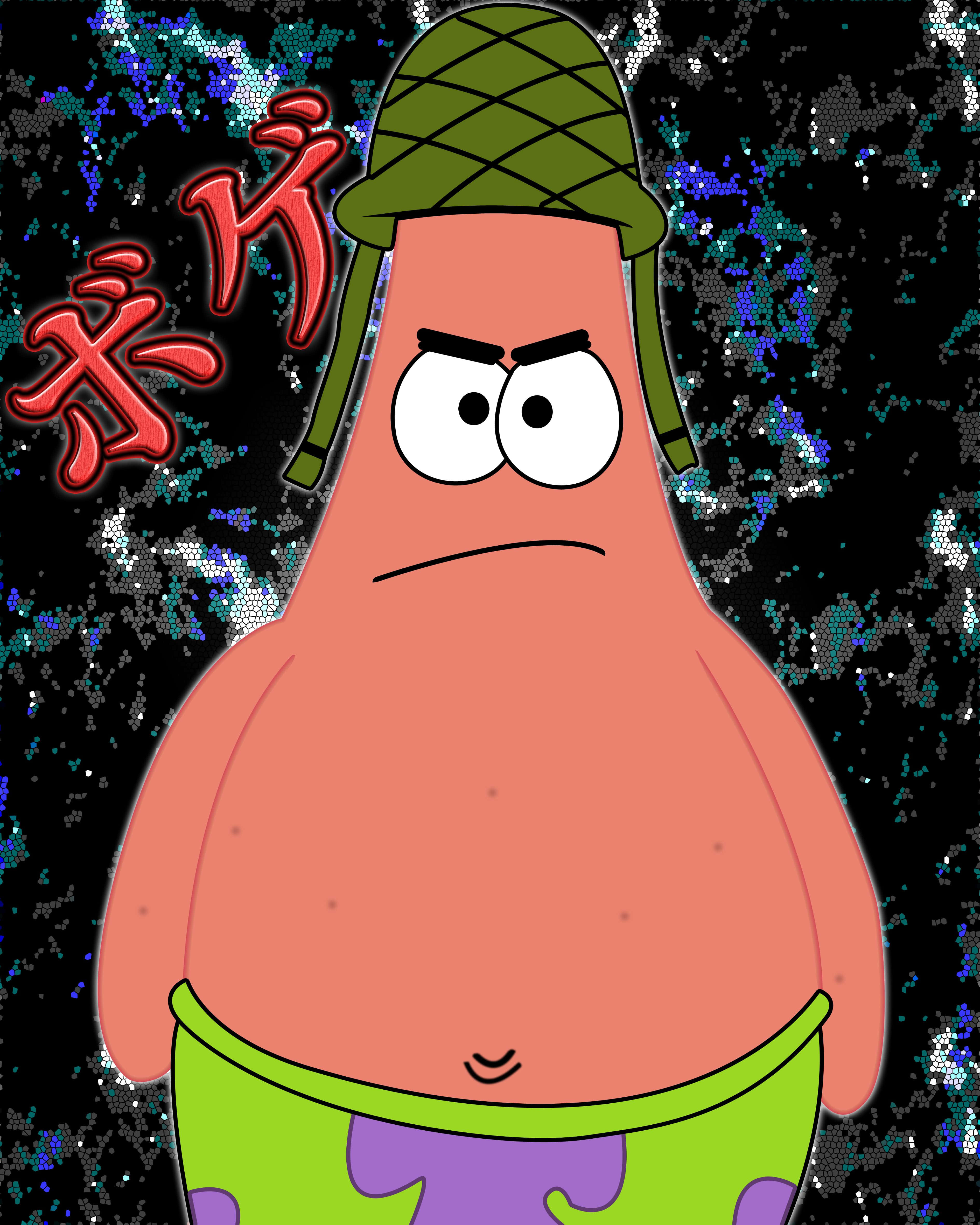 歡樂友好的派克星（SpongeBob SquarePants） 壁紙 — 海綿寶寶中的派大星戴著綠色軍帽，在閃閃發光的深色背景前露出憤怒的表情。
