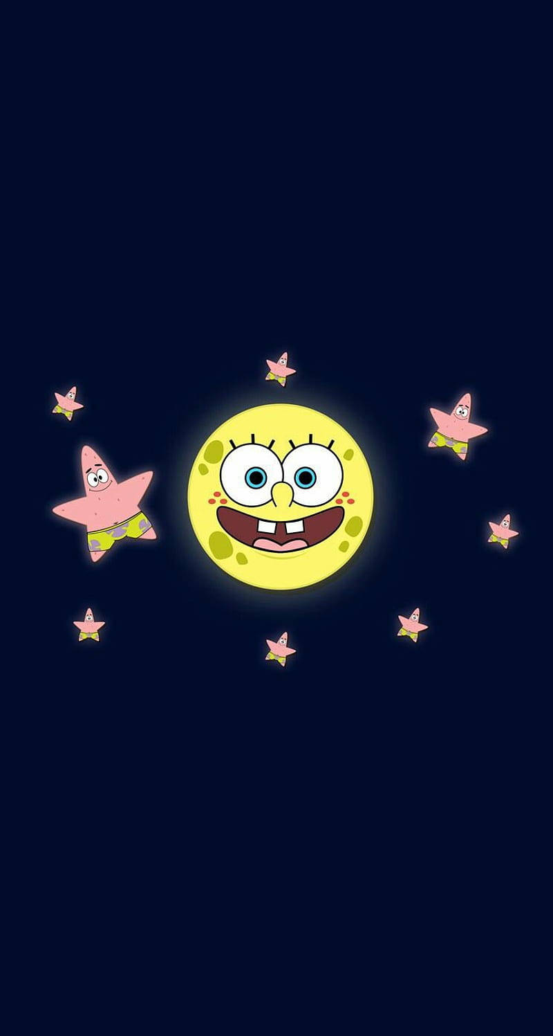 海綿寶寶和派大星星星在黑暗的夜空中漂浮在發光的月亮周圍。