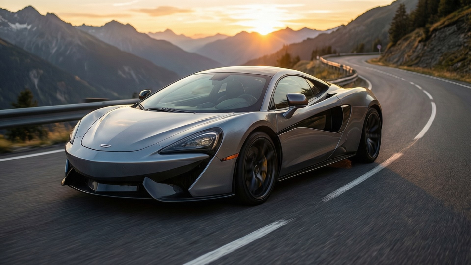 銀色McLaren跑車在日落時分行駛在山路上