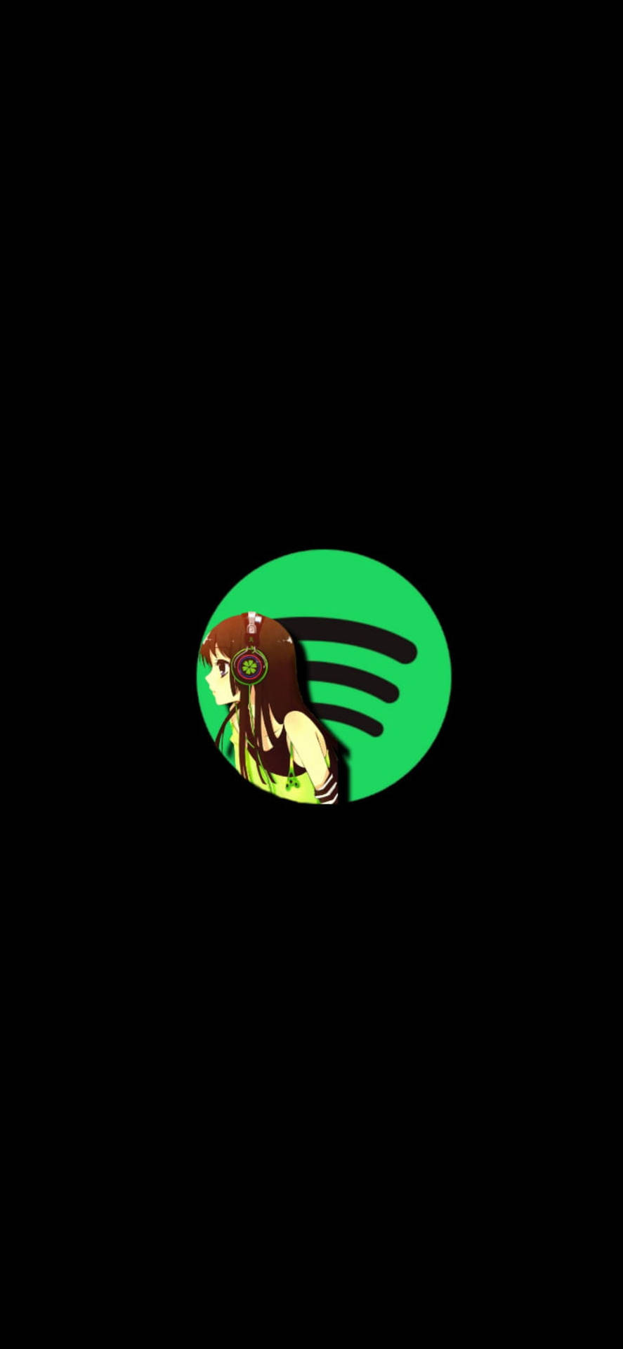黑背景上，Spotify標誌內有一位戴耳機的動漫女孩。