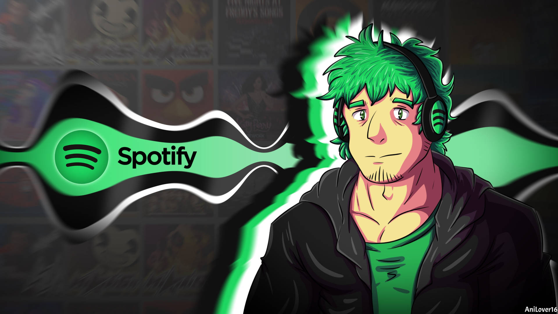 綠色頭髮和耳機的動漫角色在Spotify標誌旁邊。