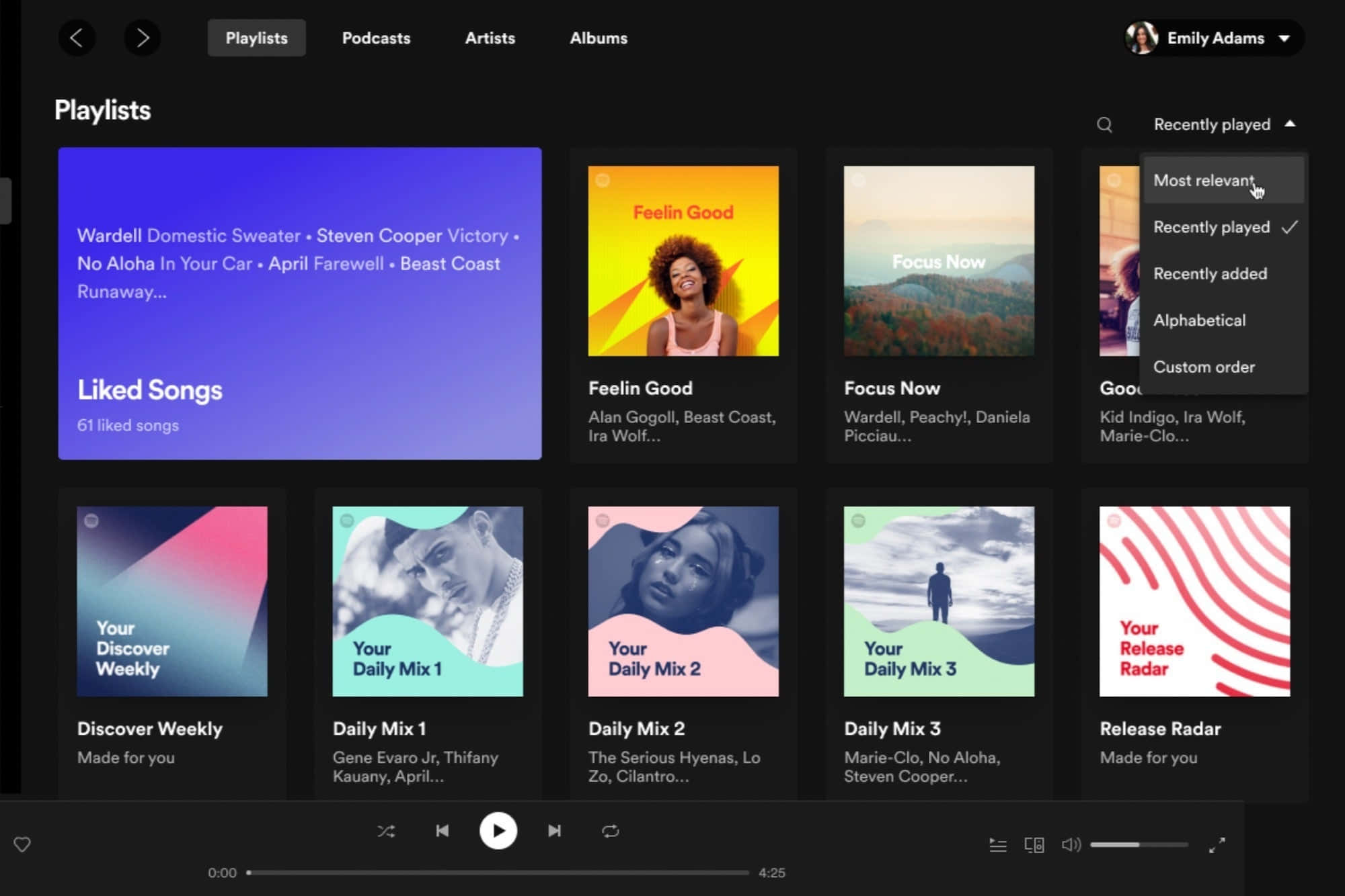Spotify 歌曲播放清單截圖 壁紙 — 深色主題音樂應用程式介面，顯示「Feel Good」和「Focus Now」等播放清單，搭配色彩繽紛的專輯封面和使用者個人資料。