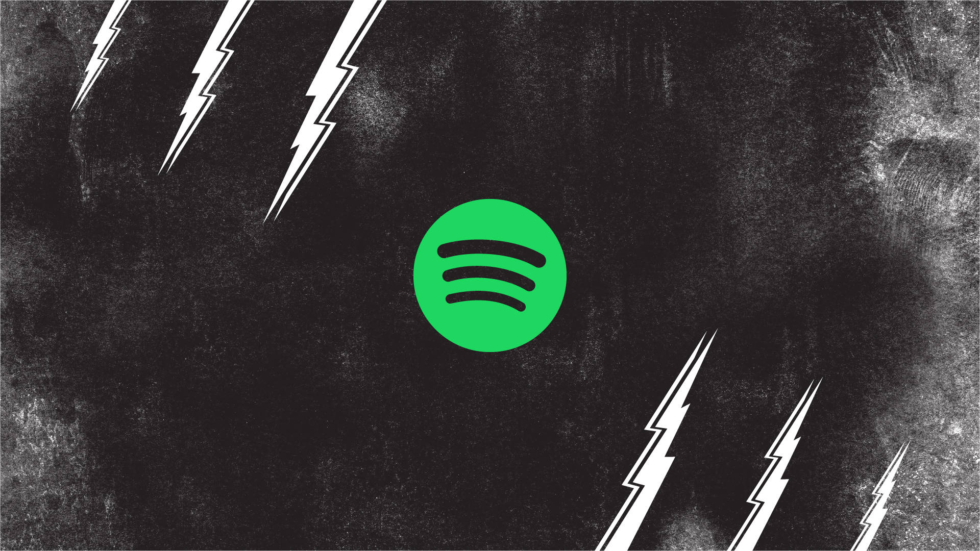 Spotify 雷電圖案 壁紙 — 一個充滿活力的綠色Spotify標誌，居中於帶有紋理的黑色背景上，白色閃電斜向劃過。