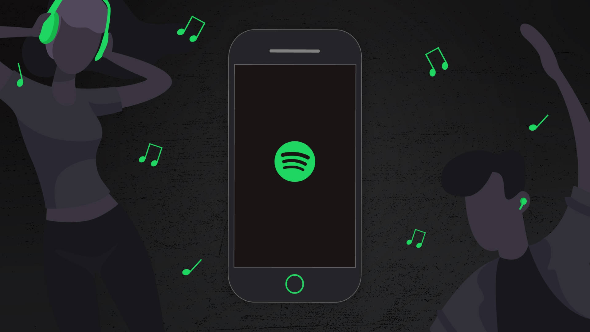 兩個人戴著耳機和音符，圍繞著顯示Spotify的電話跳舞。