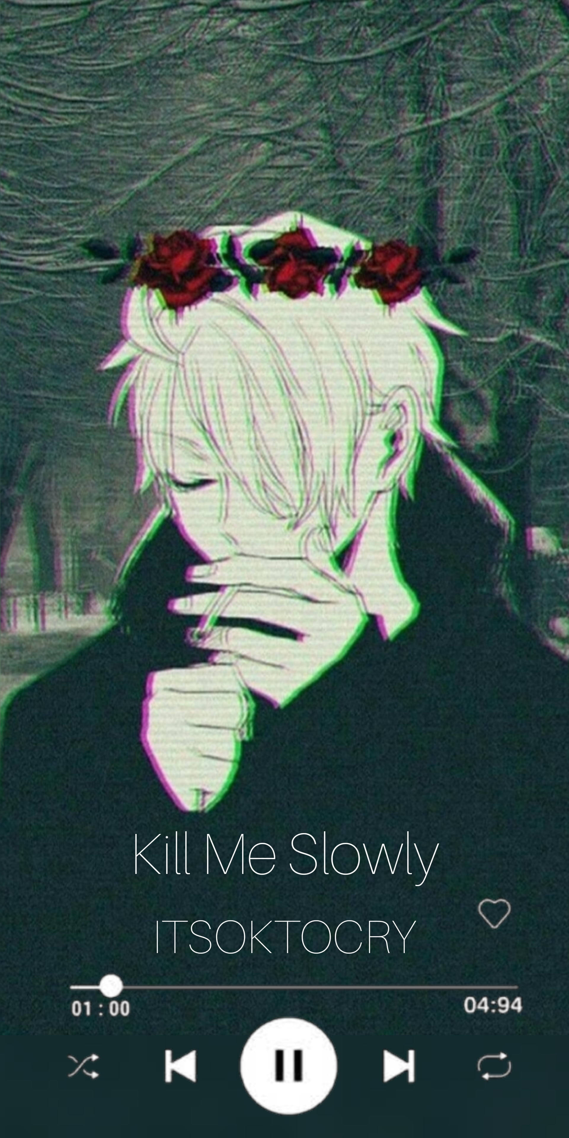 Spotify框架下的憂鬱男孩卡通圖 壁紙 — 白髮紅玫瑰冠的動畫男孩在陰暗森林中用音樂播放器疊加遮住嘴巴。