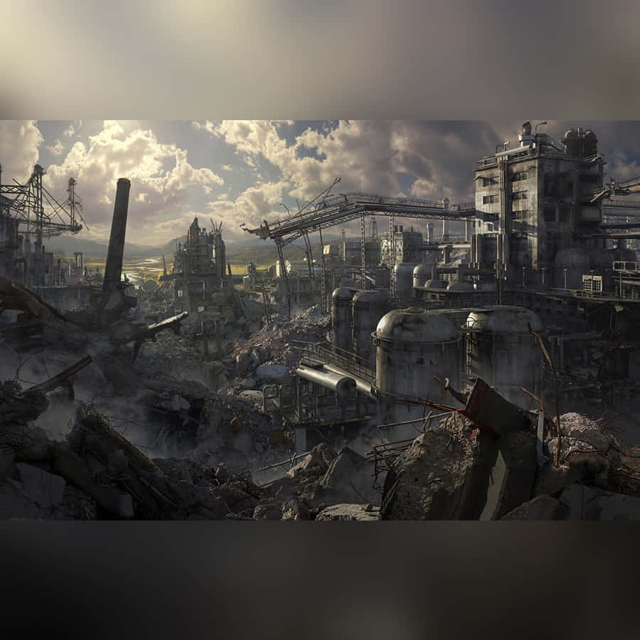Godzilla City Destruction 桌布 壁紙 — 一個廣闊的廢棄工業綜合體，有破損的塔樓和生鏽的管道，在戲劇性的多雲天空下。