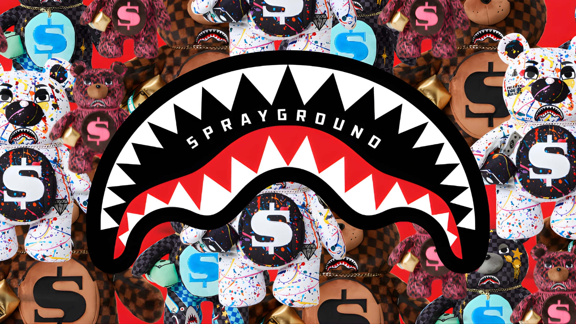 壁紙 — 一幅充滿活力的拼貼畫，展示 Sprayground 品牌的泰迪熊和美元符號，充滿塗鴉藝術和大膽色彩。