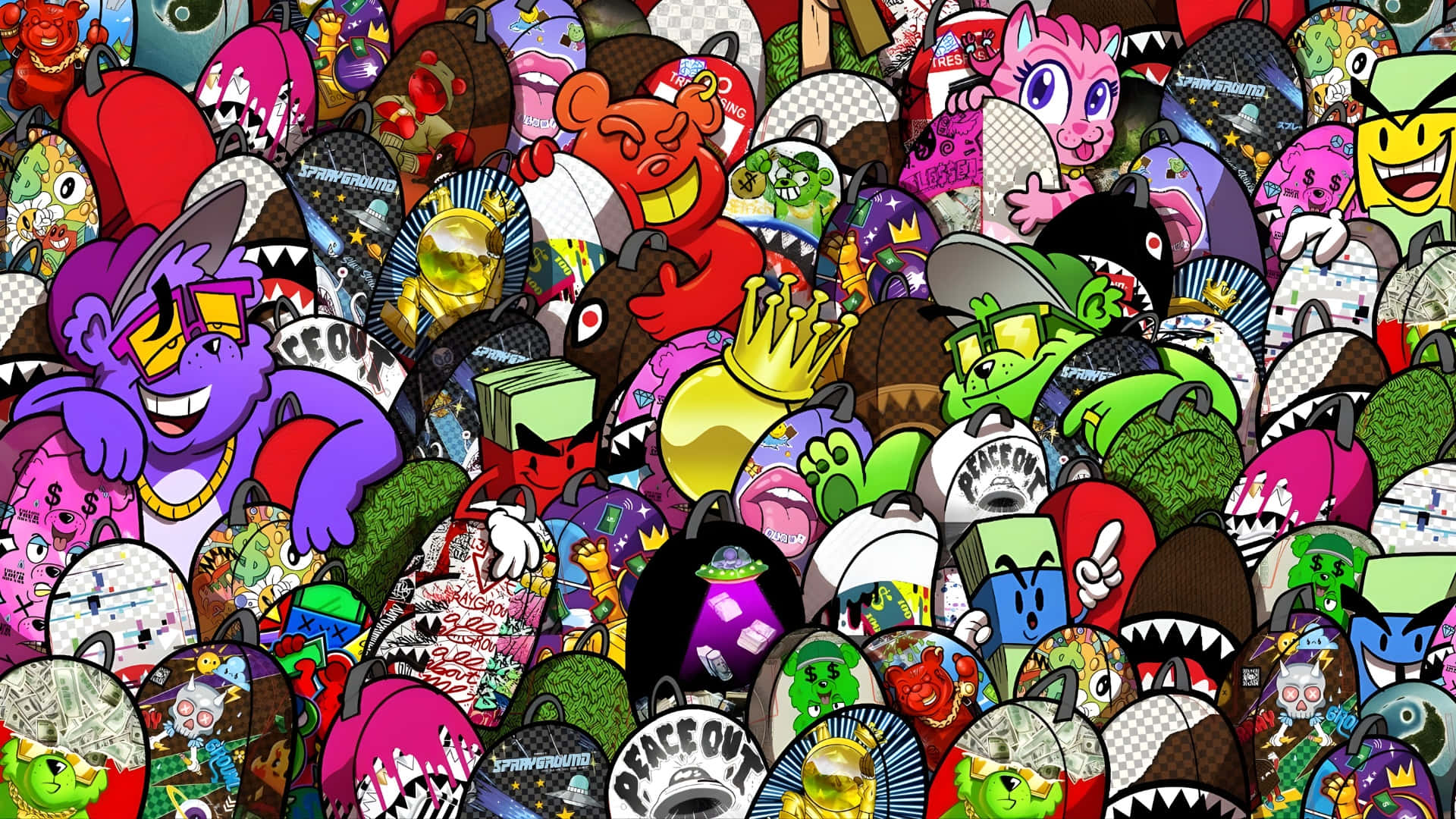 Sprayground 卡通角色拼貼 壁紙 — 一個混亂而充滿活力的拼貼畫，卡通角色和流行文化圖標密集地聚集在一起，形成色彩繽紛的爆炸。