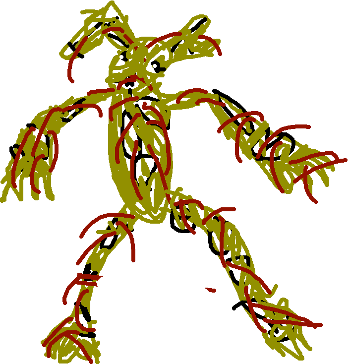 Springtrap 手繪粉絲藝術 壁紙 — 一個在黑色背景上，以橄欖綠和紅色亂塗亂畫的混沌生物。