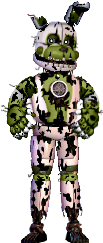 Springtrap F N A F 角色 壁紙 — 一隻帶有撕裂布料和裸露電線的威脅性綠色和白色電子動畫兔子站在黑色背景前。