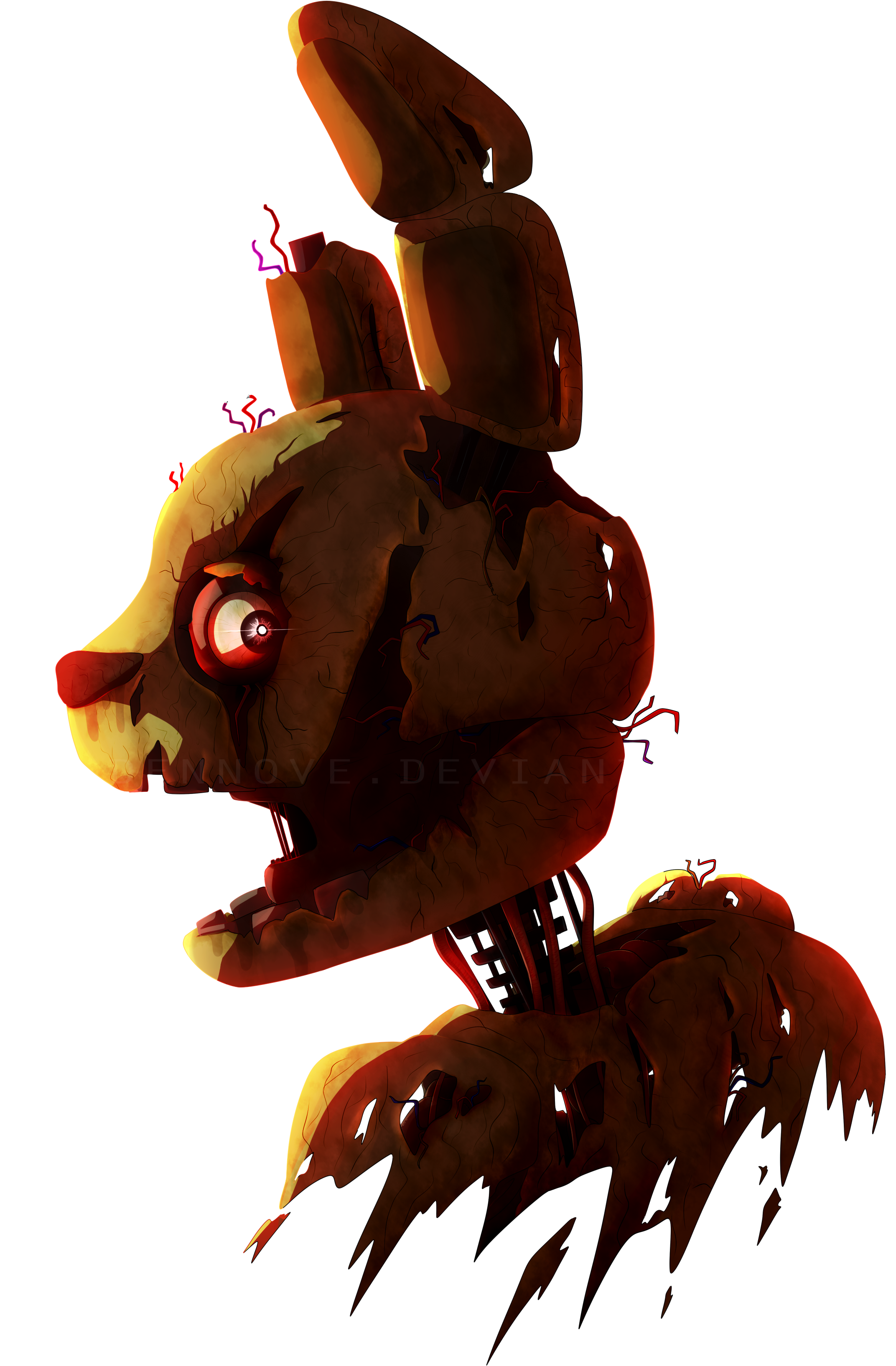 Springtrap FNAF角色藝術 壁紙 — 一隻帶有發光紅眼和裂紋皮毛的威脅性電子兔站在黑色背景前。