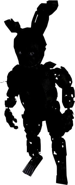 Springtrap FNAF剪影 壁紙 — 一個像兔子的電子動畫的黑暗剪影，有著發光的眼睛和破損的尾巴，站在幾乎完全黑暗的環境中。