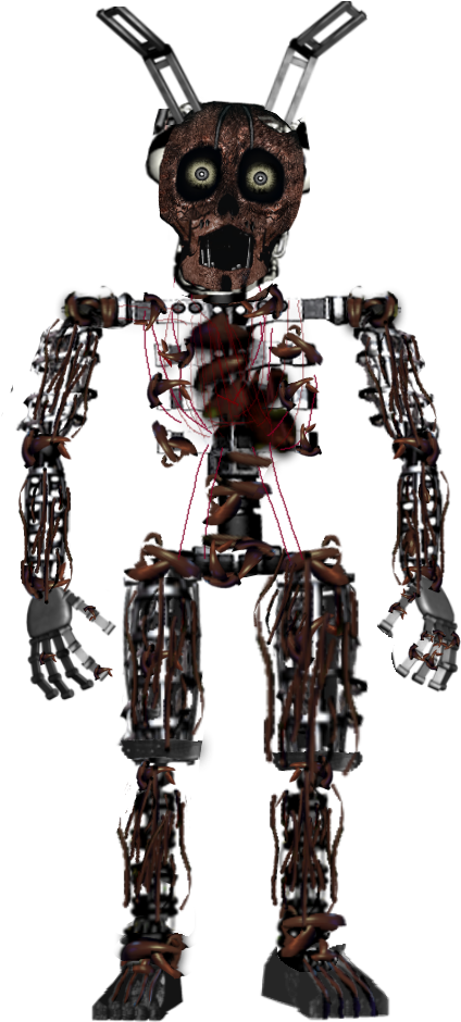 Springtrap FNAF角色渲染 壁紙 — 一個帶有外露電線和生鏽金屬肢體的威脅性電子動畫站在黑色背景前。