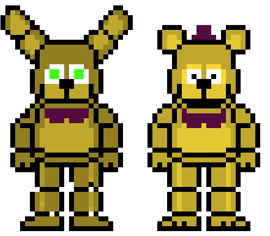 像素化 Springtrap 與 Fredbear 壁紙 — 兩隻像素化金色電子熊，帶有發光的綠色眼睛，並排站在黑色背景前。