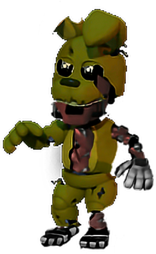動畫版 Springtrap 角色 壁紙 — 一隻受損的黃色電子熊，露出電線和猙獰的笑容，站在黑色背景前。