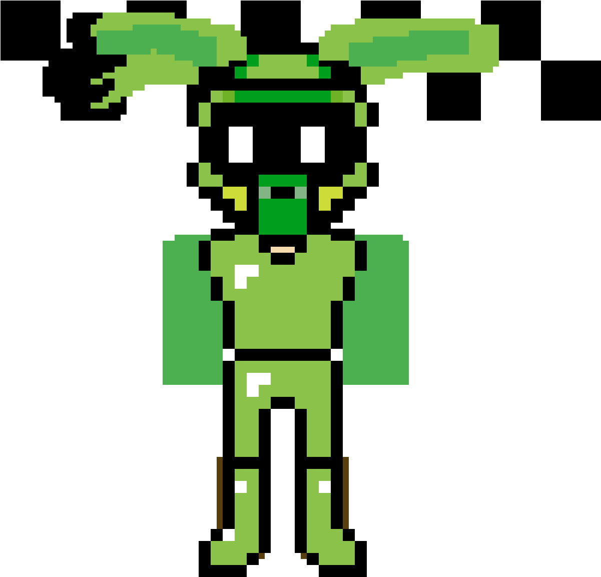 像素化站立Springtrap 壁紙 — 一個像素化的綠色角色，帶有葉狀耳朵和棋盤格背景，以塊狀數位藝術風格站立。
