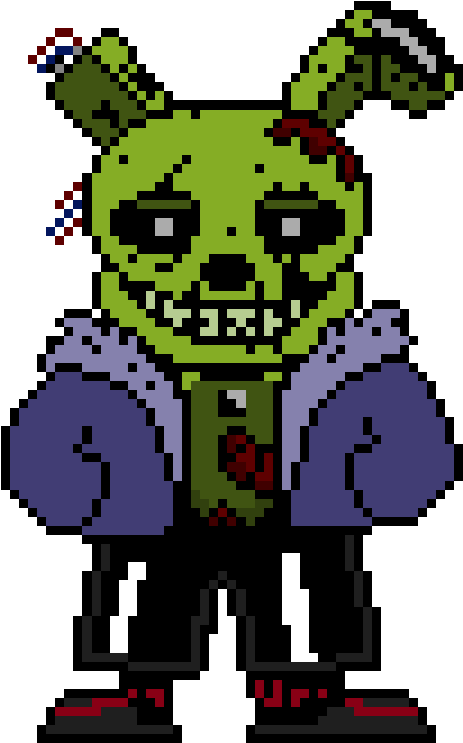 像素風格 Springtrap 藝術圖 壁紙 — 一隻像素化綠色殭屍兔，有角及領帶，站在黑色背景前。