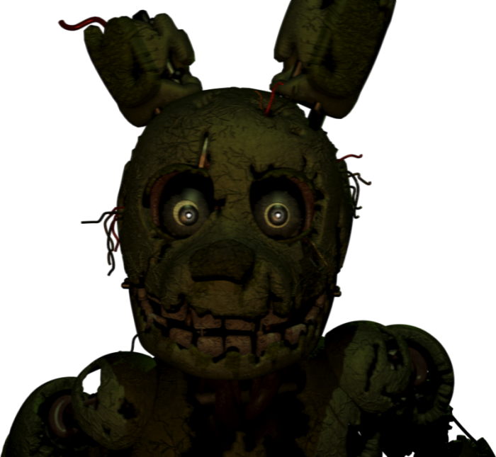Springtrap近照肖像 壁紙 — 一個特寫鏡頭，展示一隻正在腐爛的電子動畫兔子，眼睛發光，布料撕裂，背景為黑色。