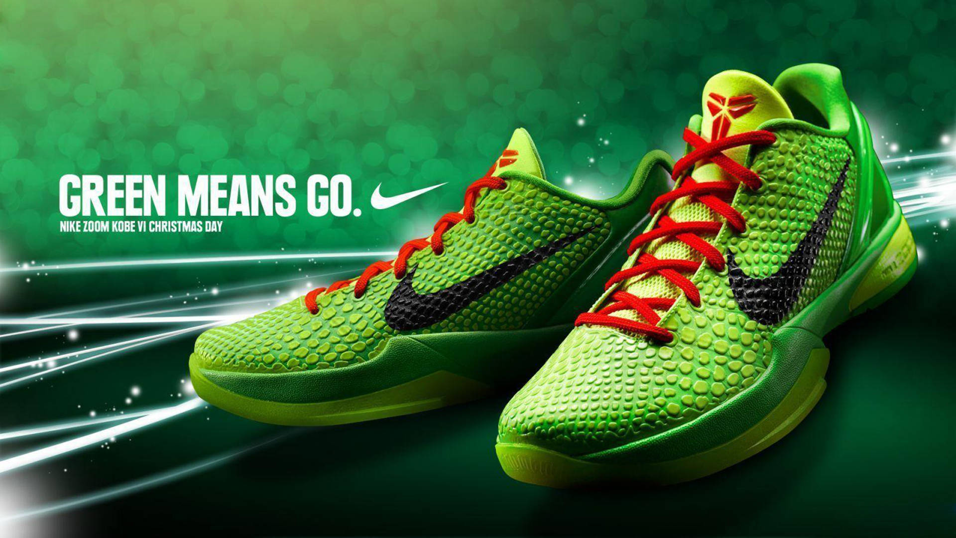 Sprint Green - 激發Nike鞋履的澎湃動力 壁紙 — 充滿活力的綠色Nike Zoom Kobe VI籃球鞋，配有紅色鞋帶和黑色勾勾，背景是發光的綠色散景。