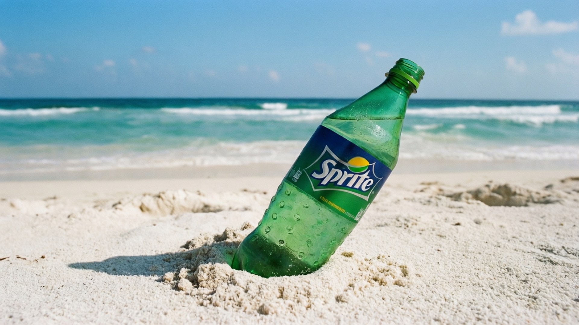 _sprite 熱帶逃逸 壁紙 — 一個綠色雪碧瓶半埋在白色沙中，背後有藍綠色海浪在清澈藍天下拍打。